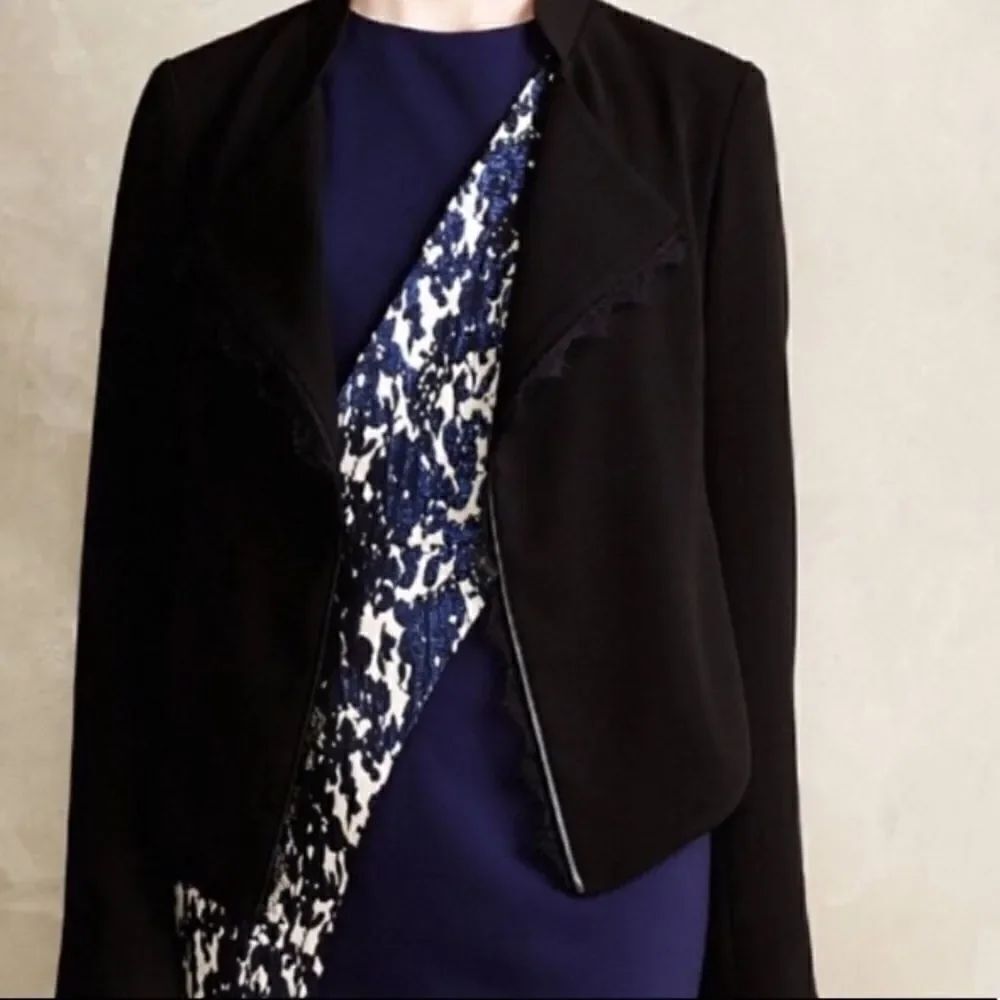Anthro Elevenses Black Lace Trim Blazer